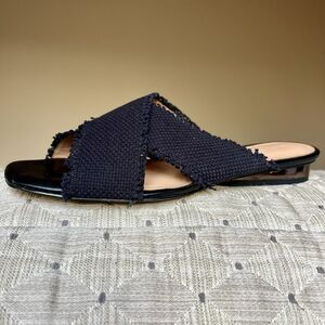 Halston Heritage Estella Black Canvas Sandal Women’s US 6 M Frayed Edge Low Heel